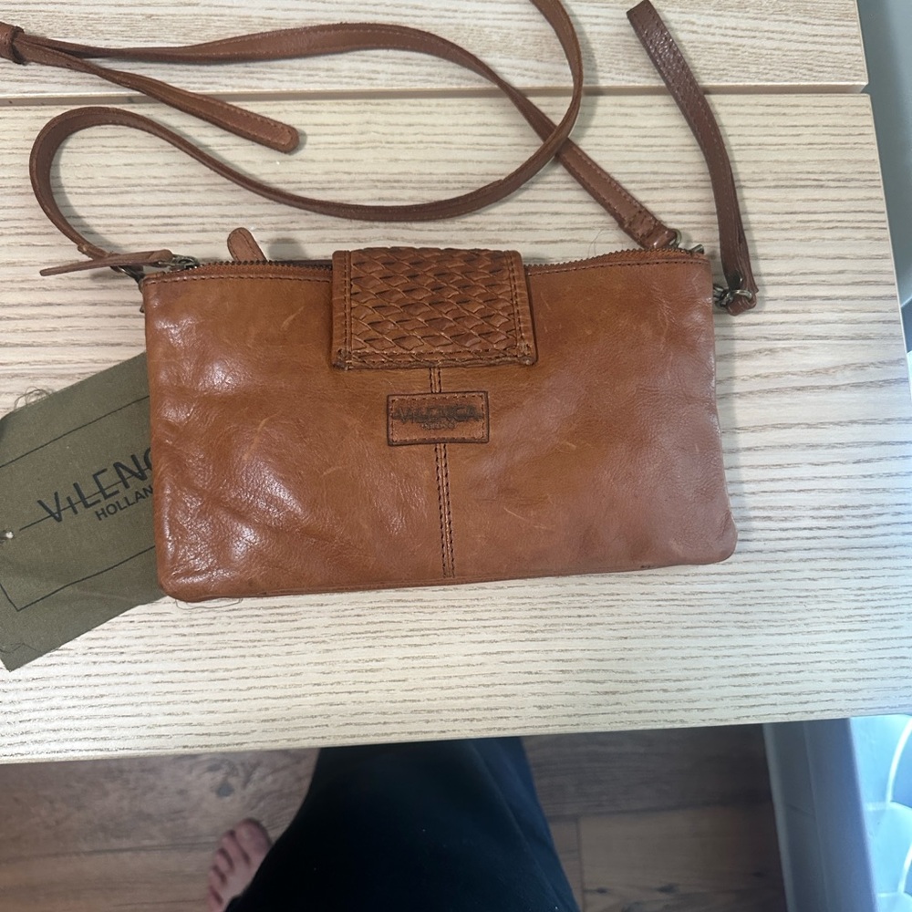 Vilenca Tan Woven Flap Leather Crossbody